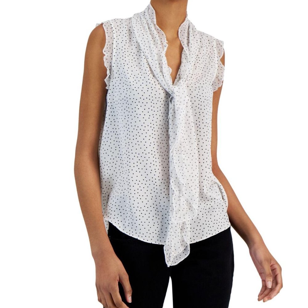 REVOLVE White Sleeveless Polka Dot Tie-Neck Blouse